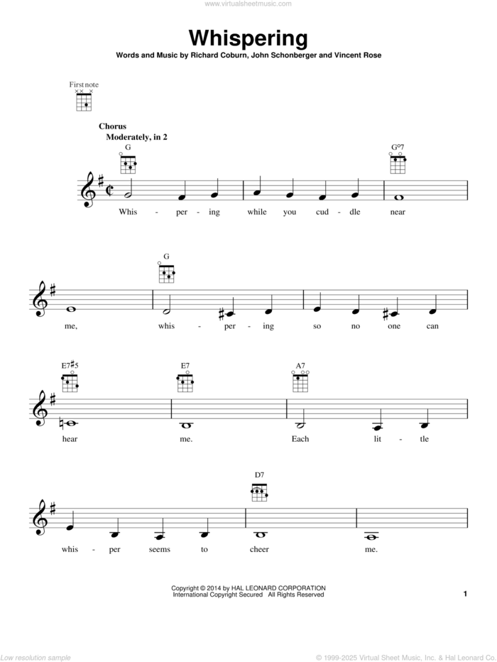 Whispering sheet music for ukulele by John Schonberger, classical score, intermediate skill level