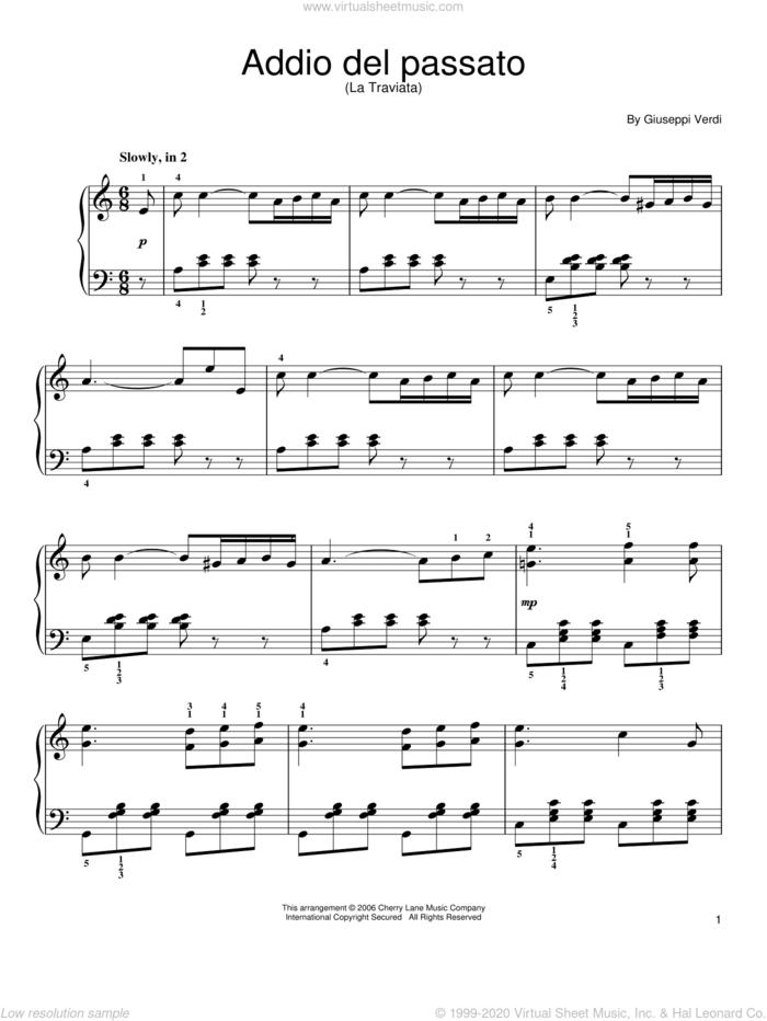 Addio del passato sheet music for piano solo by Giuseppe Verdi, classical score, easy skill level