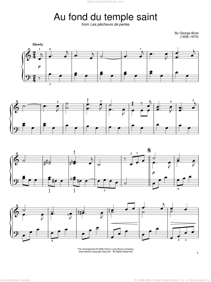 Au Fond Du Temple Saint, (easy) sheet music for piano solo by Georges Bizet, classical score, easy skill level