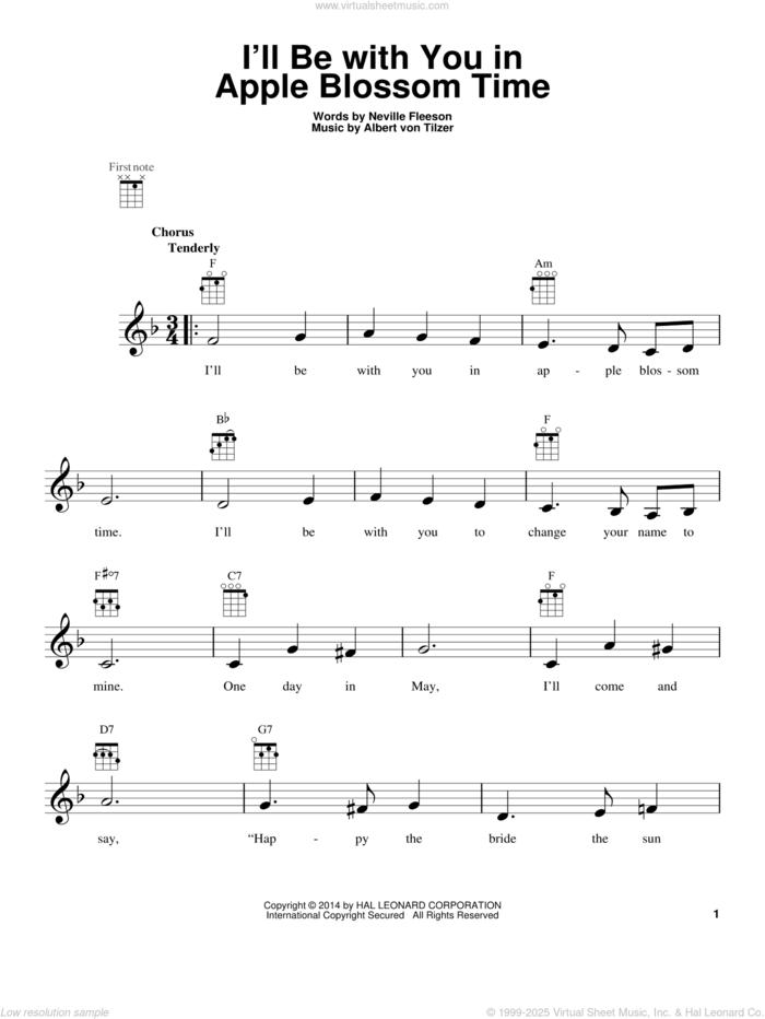 I'll Be With You In Apple Blossom Time sheet music for ukulele by Neville Fleeson, intermediate skill level