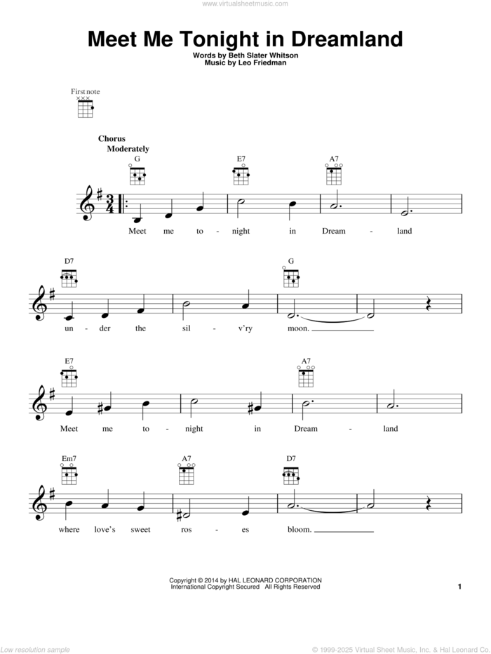 Meet Me Tonight In Dreamland sheet music for ukulele by Leo Friedman and Beth Slater Whitson, intermediate skill level