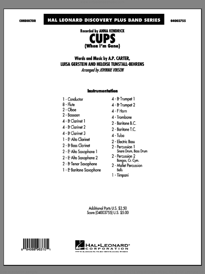 Cups (When I'm Gone) (COMPLETE) sheet music for concert band by Johnnie Vinson and Anna Kendrick, intermediate skill level
