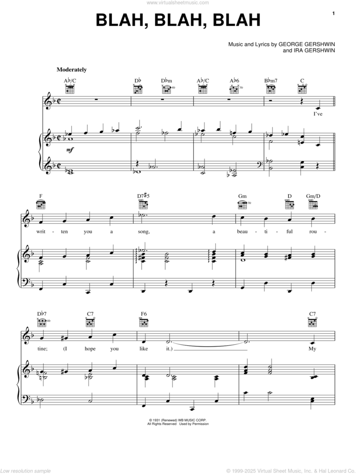 Blah, Blah, Blah sheet music for voice, piano or guitar by George Gershwin, Ira Gershwin and Joe DiPietro, intermediate skill level