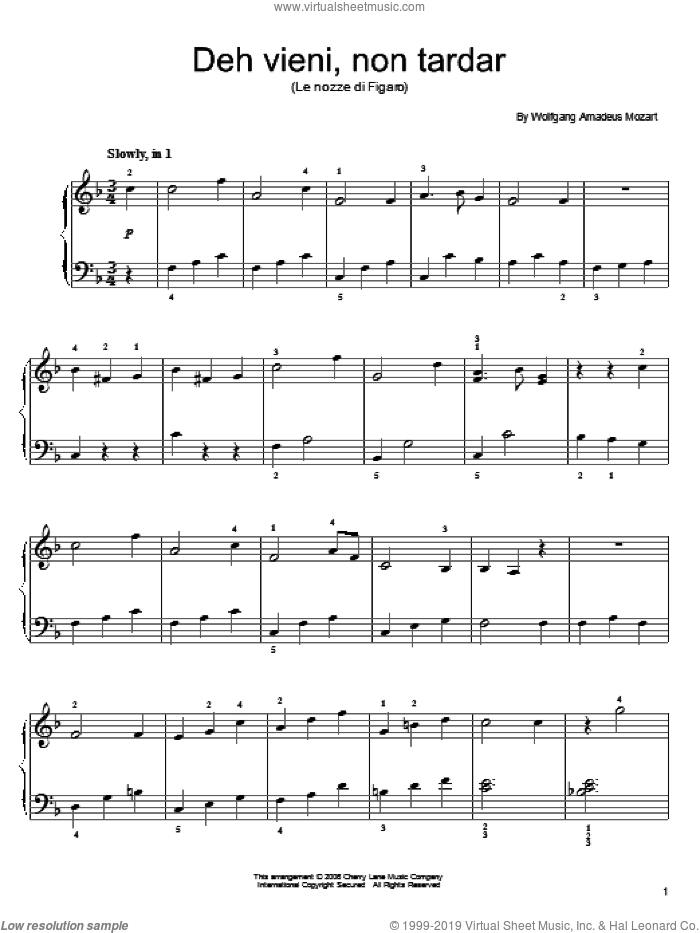 Deh Vieni, Non Tardar sheet music for piano solo by Wolfgang Amadeus Mozart, classical score, easy skill level