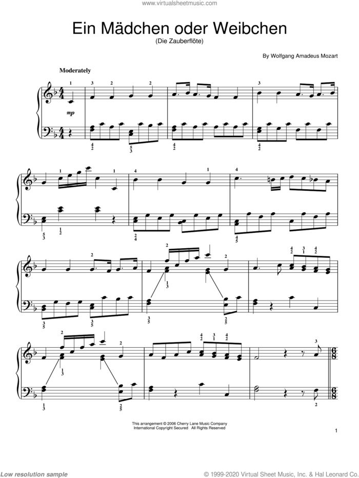 Ein Madchen Oder Weibchen, (easy) sheet music for piano solo by Wolfgang Amadeus Mozart, classical score, easy skill level