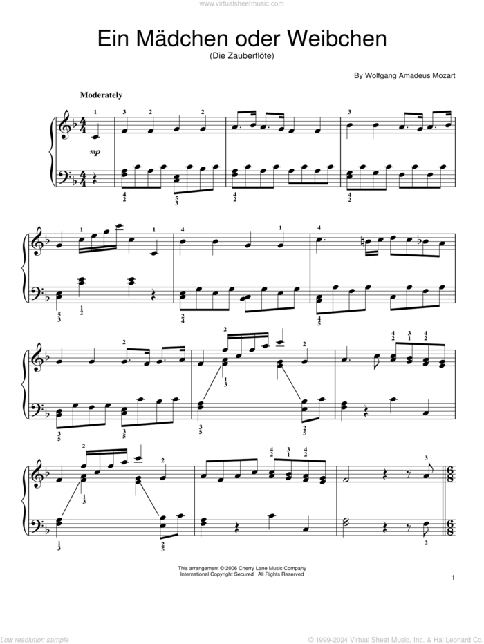 Ein Madchen Oder Weibchen, (easy) sheet music for piano solo by Wolfgang Amadeus Mozart, classical score, easy skill level