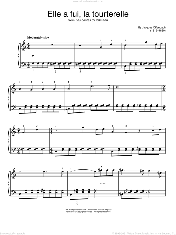 Elle A Fui, La Tourterelle sheet music for piano solo by Jacques Offenbach, classical score, easy skill level