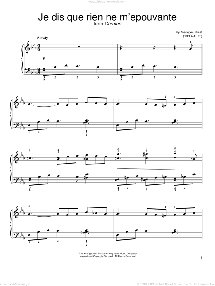Je Dis Que Rien Ne M'epouvante sheet music for piano solo by Georges Bizet, classical score, easy skill level