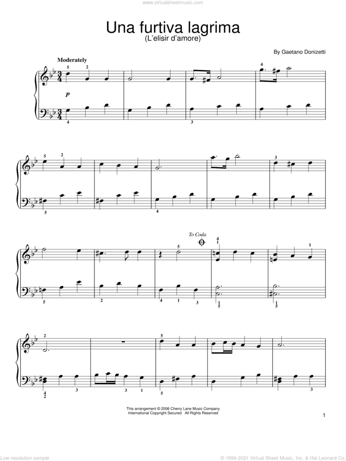 Una Furtiva Lagrima sheet music for piano solo by Gaetano Donizetti, classical score, easy skill level