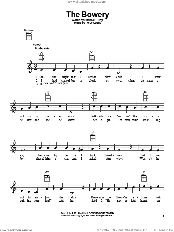 The Bowery sheet music for ukulele by Charles H. Hoyt, intermediate skill level