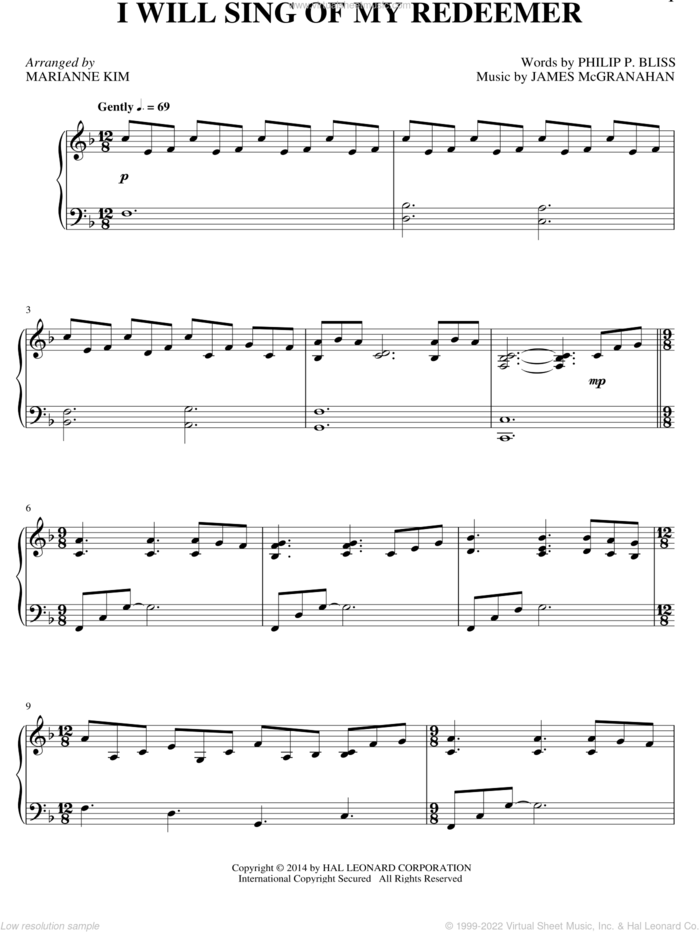 I Will Sing Of My Redeemer sheet music for piano solo by Philip P. Bliss, James McGranahan and Marianne Kim, intermediate skill level