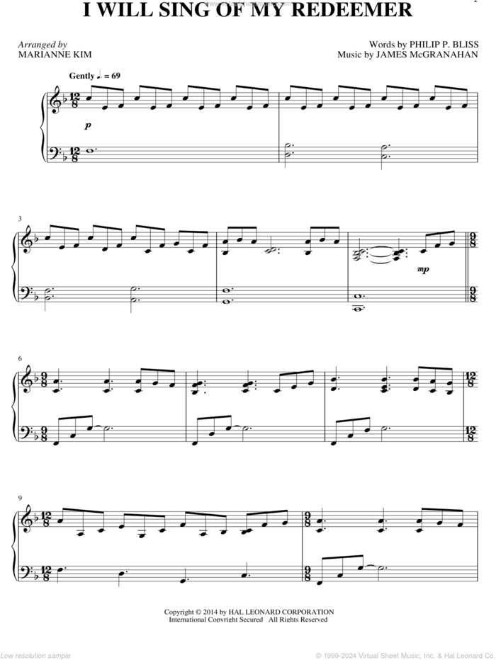 I Will Sing Of My Redeemer sheet music for piano solo by Philip P. Bliss, James McGranahan and Marianne Kim, intermediate skill level