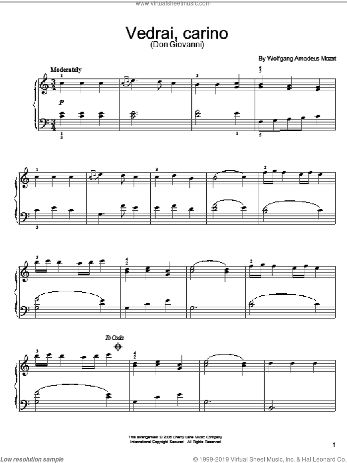 Vedrai, Carino sheet music for piano solo by Wolfgang Amadeus Mozart, classical score, easy skill level
