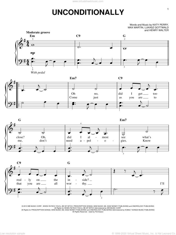 Unconditionally sheet music for piano solo by Katy Perry, easy skill level