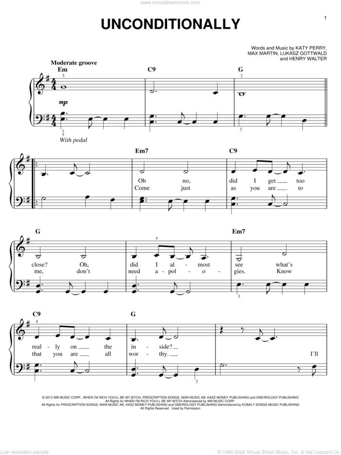 Unconditionally sheet music for piano solo by Katy Perry, easy skill level