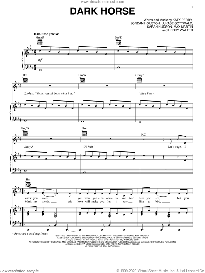 Dark Horse sheet music for voice, piano or guitar by Katy Perry, intermediate skill level