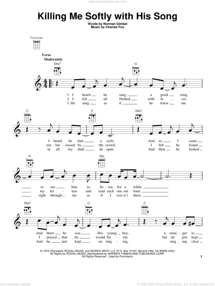 Killing Me Softly With His Song sheet music for ukulele by Roberta Flack and The Fugees, intermediate skill level