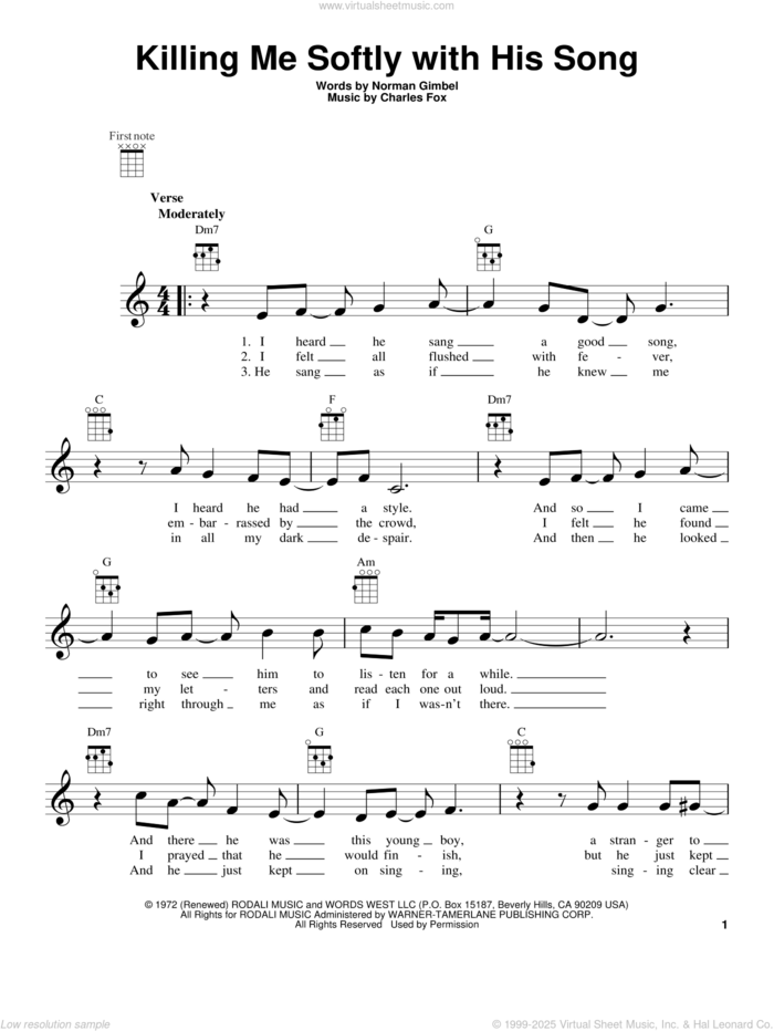 Killing Me Softly With His Song sheet music for ukulele by Roberta Flack and The Fugees, intermediate skill level