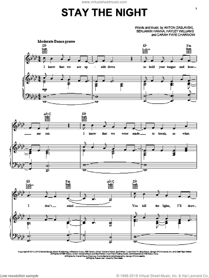 Stay The Night sheet music for voice, piano or guitar by Zedd, intermediate skill level