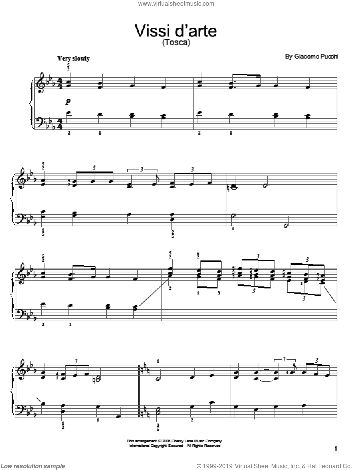 Vissi D'arte sheet music for piano solo by Giacomo Puccini, classical score, easy skill level