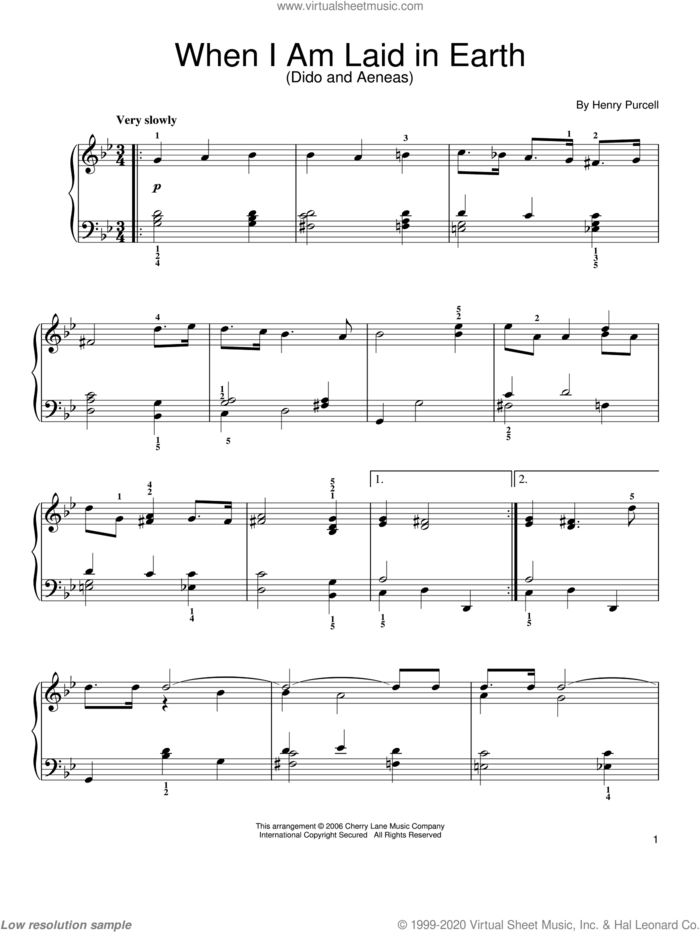 When I Am Laid In Earth, (easy) sheet music for piano solo by Henry Purcell, classical score, easy skill level