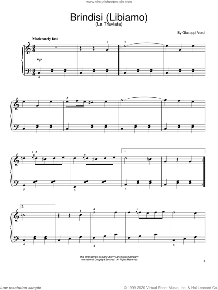 Brindisi (Libiamo) sheet music for piano solo by Giuseppe Verdi, classical score, easy skill level