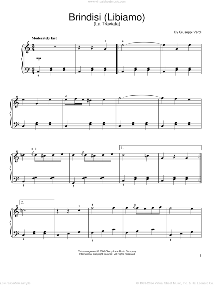 Brindisi (Libiamo) sheet music for piano solo by Giuseppe Verdi, classical score, easy skill level