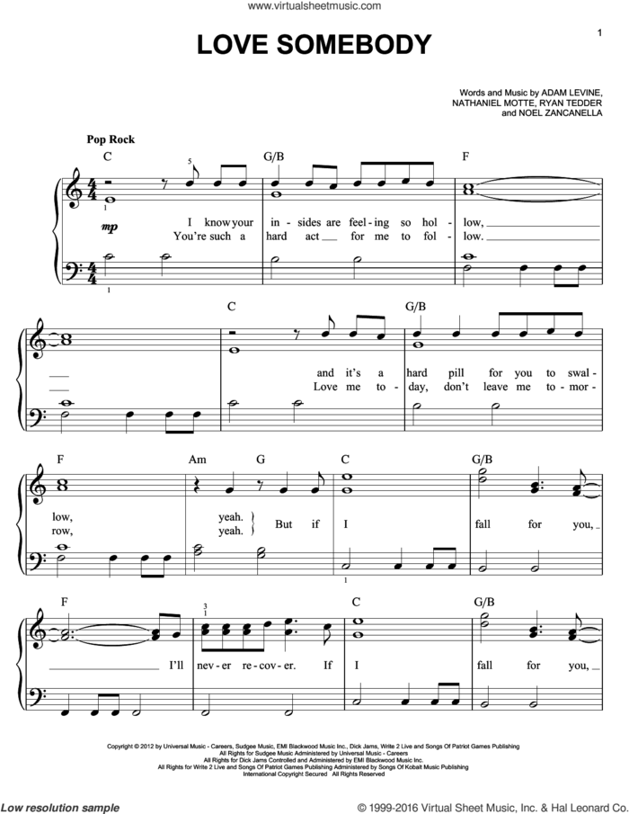 Love Somebody, (easy) sheet music for piano solo by Maroon 5, easy skill level