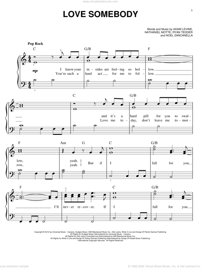 Love Somebody, (easy) sheet music for piano solo by Maroon 5, easy skill level