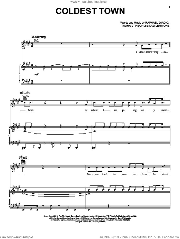 Coldest Town sheet music for voice, piano or guitar by Jacob Latimore, intermediate skill level