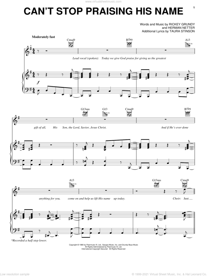 Can't Stop Praising His Name sheet music for voice, piano or guitar by Rickey Grundy, intermediate skill level