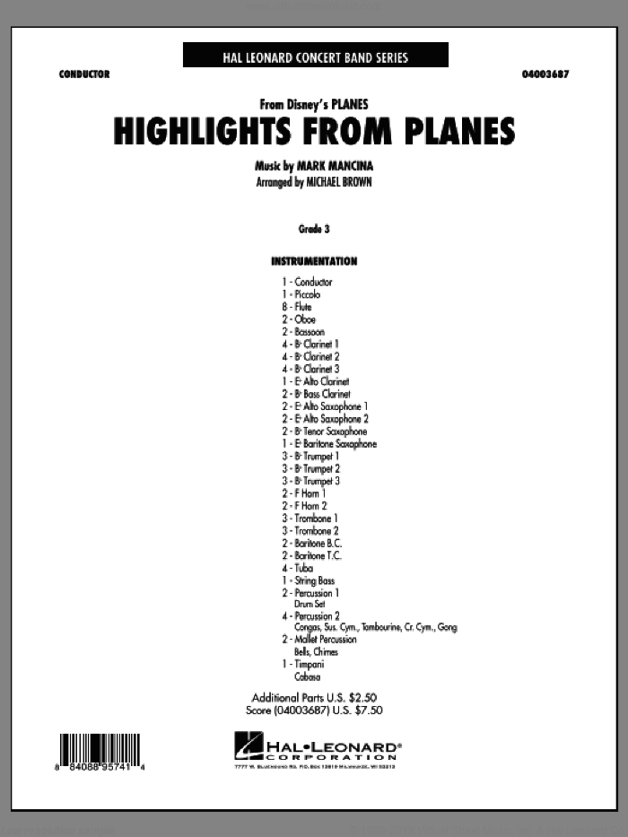 Highlights from 'Planes' (COMPLETE) sheet music for concert band by Michael Brown and Mark Mancina, intermediate skill level