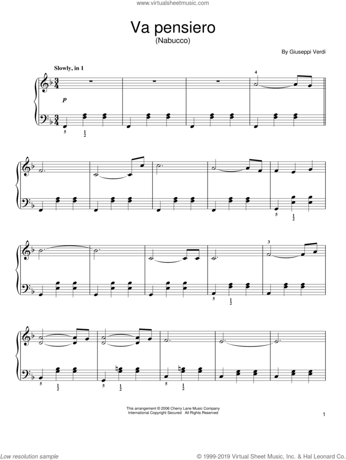 Nabucco sheet music for piano solo by Giuseppe Verdi, classical score, easy skill level
