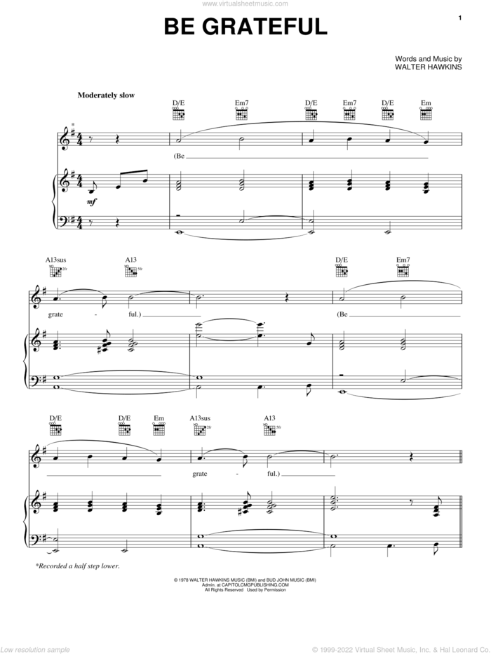 Be Grateful sheet music for voice, piano or guitar by Walter Hawkins, intermediate skill level
