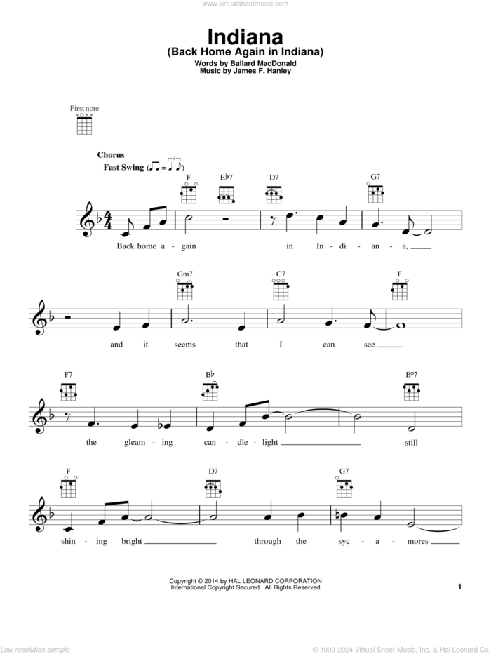 Indiana (Back Home Again In Indiana) sheet music for ukulele by Ballard MacDonald, intermediate skill level