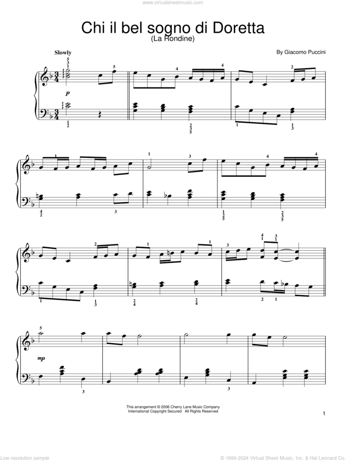 Canzone di Doretta sheet music for piano solo by Giacomo Puccini, classical score, easy skill level