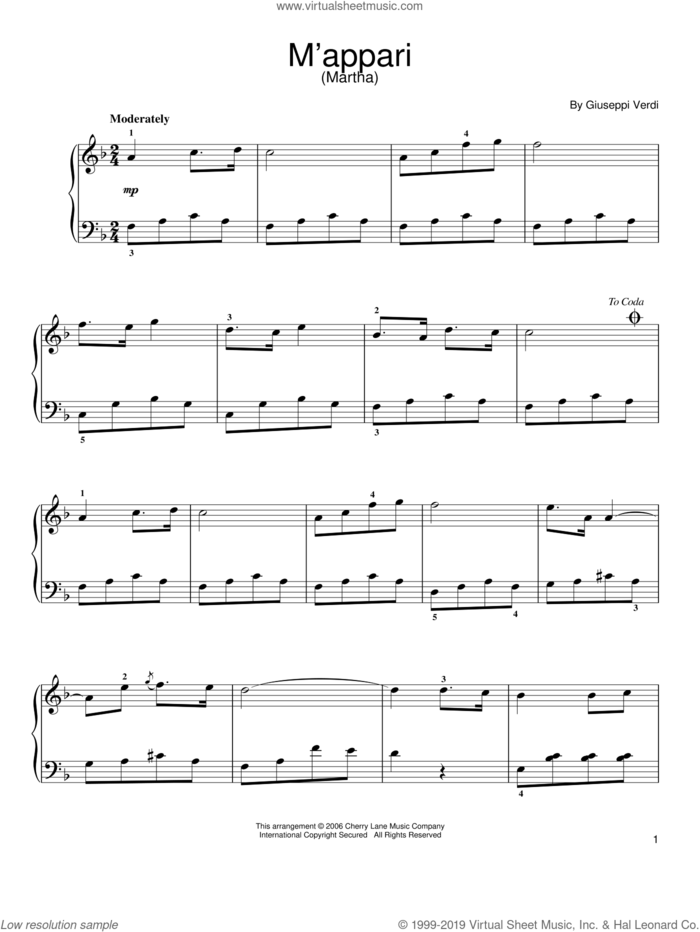 M'appari tutt'amor sheet music for piano solo by Friedrich von Flotow, easy skill level