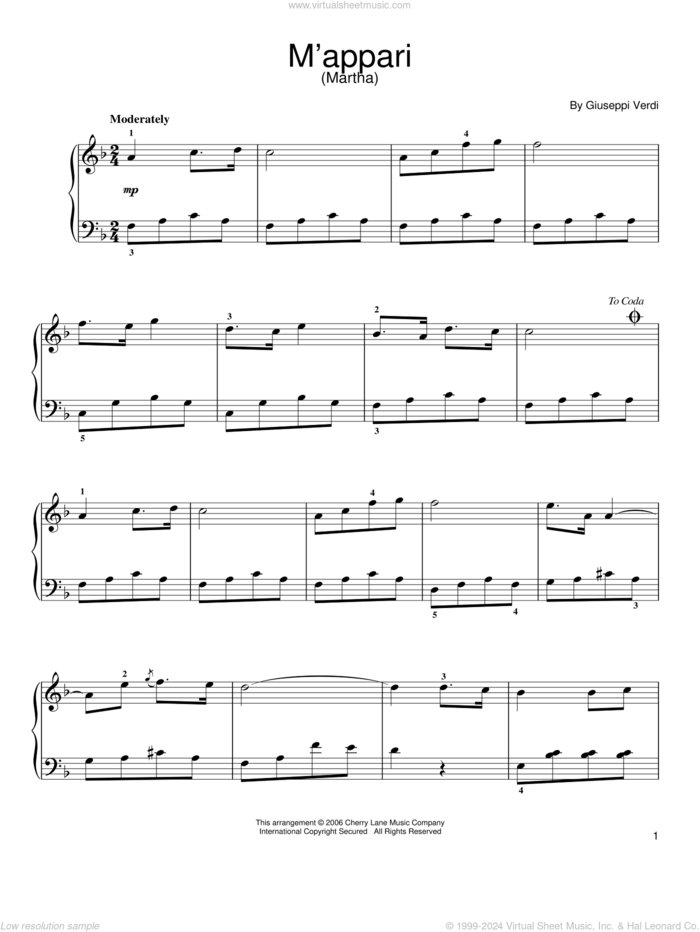 M'appari tutt'amor sheet music for piano solo by Friedrich von Flotow, easy skill level