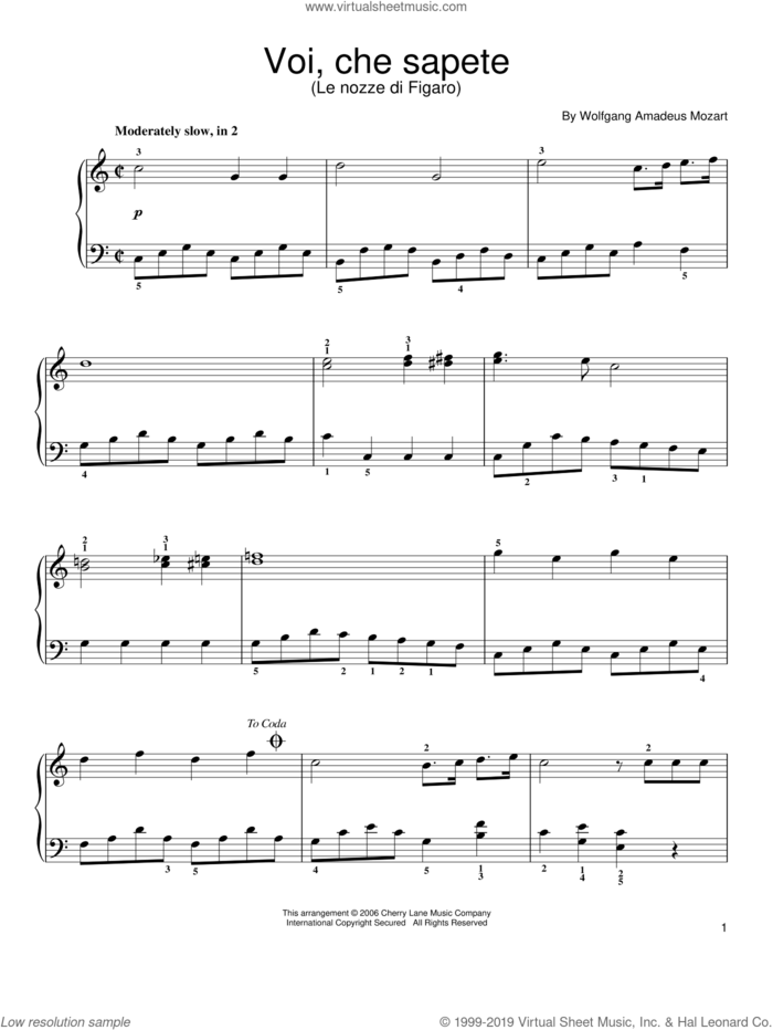 Voi, Che Sapete sheet music for piano solo by Wolfgang Amadeus Mozart, classical score, easy skill level