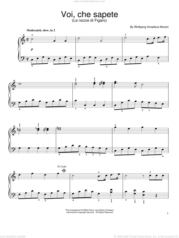 Voi, Che Sapete sheet music for piano solo by Wolfgang Amadeus Mozart, classical score, easy skill level