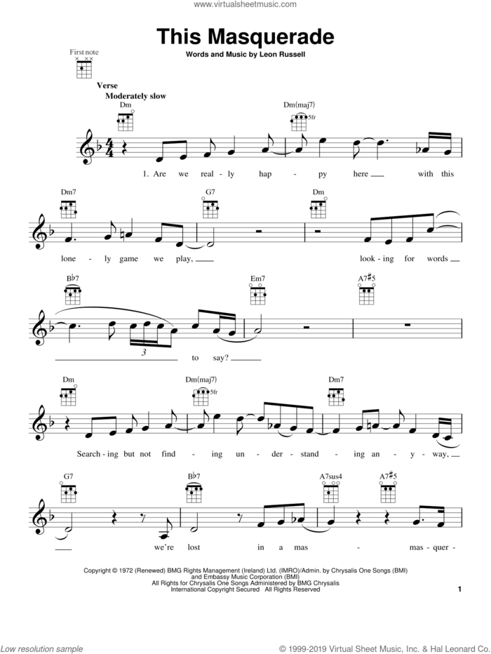 This Masquerade sheet music for ukulele by Carpenters and George Benson, intermediate skill level