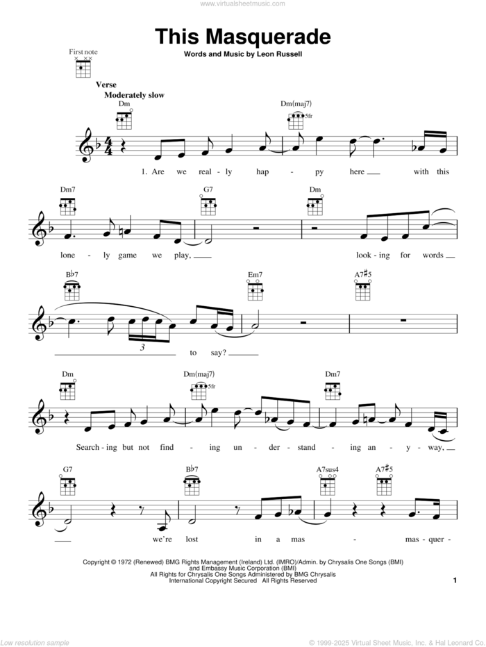 This Masquerade sheet music for ukulele by Carpenters and George Benson, intermediate skill level