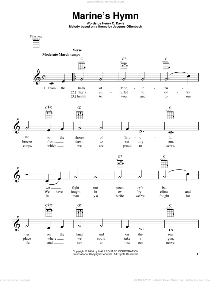 Marine's Hymn sheet music for ukulele by Jacques Offenbach, intermediate skill level