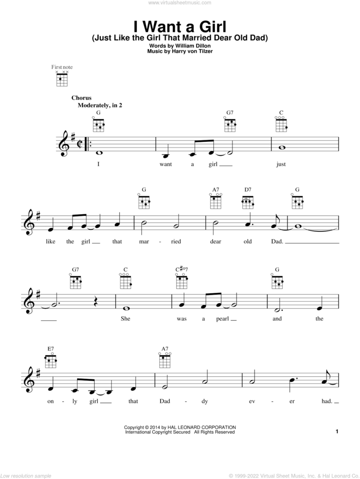 I Want A Girl (Just Like The Girl That Married Dear Old Dad) sheet music for ukulele by Harry von Tilzer, intermediate skill level
