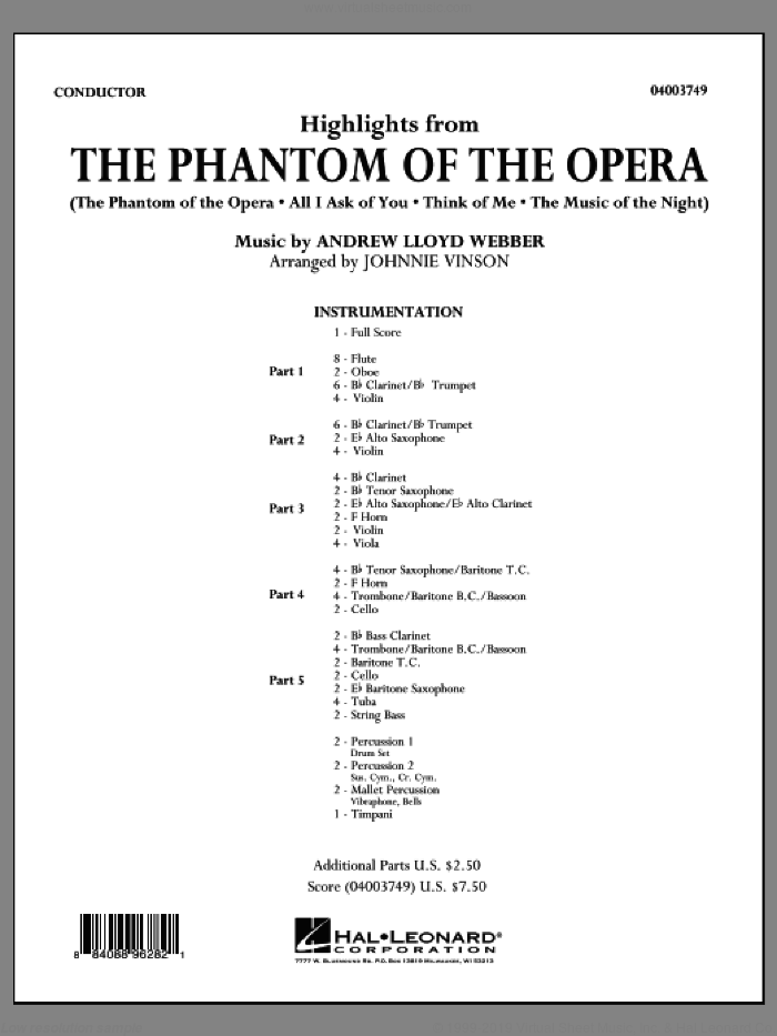 Highlights from The Phantom of the Opera (COMPLETE) sheet music for concert band by Andrew Lloyd Webber and Johnnie Vinson, intermediate skill level