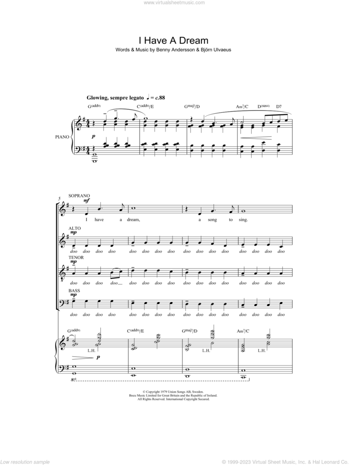 I Have A Dream sheet music for choir (SATB: soprano, alto, tenor, bass) by ABBA, Benny Andersson and Bjorn Ulvaeus, intermediate skill level