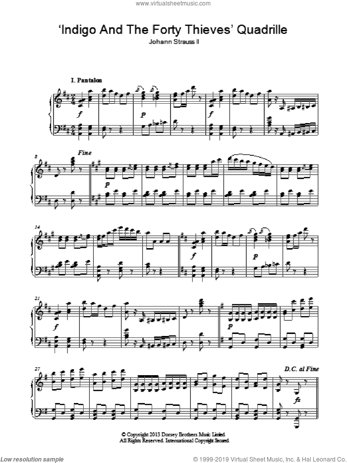 Indigo and The Forty Thieves sheet music for piano solo by Johann Strauss, Jr., classical score, intermediate skill level