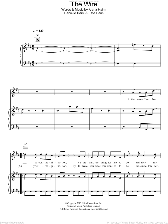 The Wire sheet music for voice, piano or guitar by Haim, Alana Haim, Danielle Haim and Este Haim, intermediate skill level