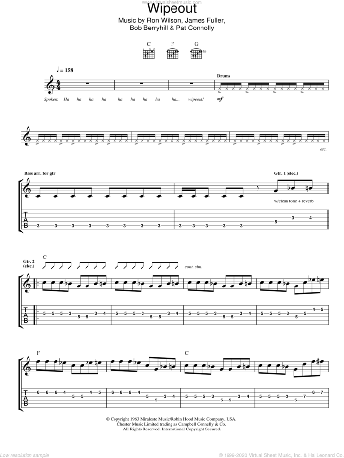 Wipe Out sheet music for guitar (tablature) by The Surfaris, Bob Berryhill, James Fuller, Pat Connolly and Ron Wilson, intermediate skill level
