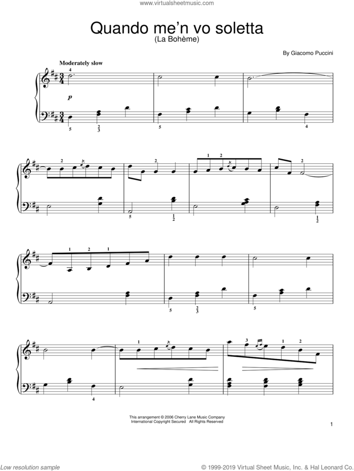 Quando M'en Vo Soletta sheet music for piano solo by Giacomo Puccini, classical score, easy skill level